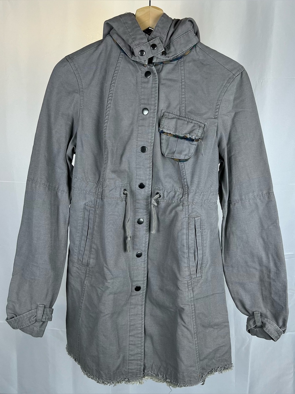 FREE PEOPLE Jacket 6 Canvas Utility Hoodie Snap Plaid Trim Cinched Cotton Gray